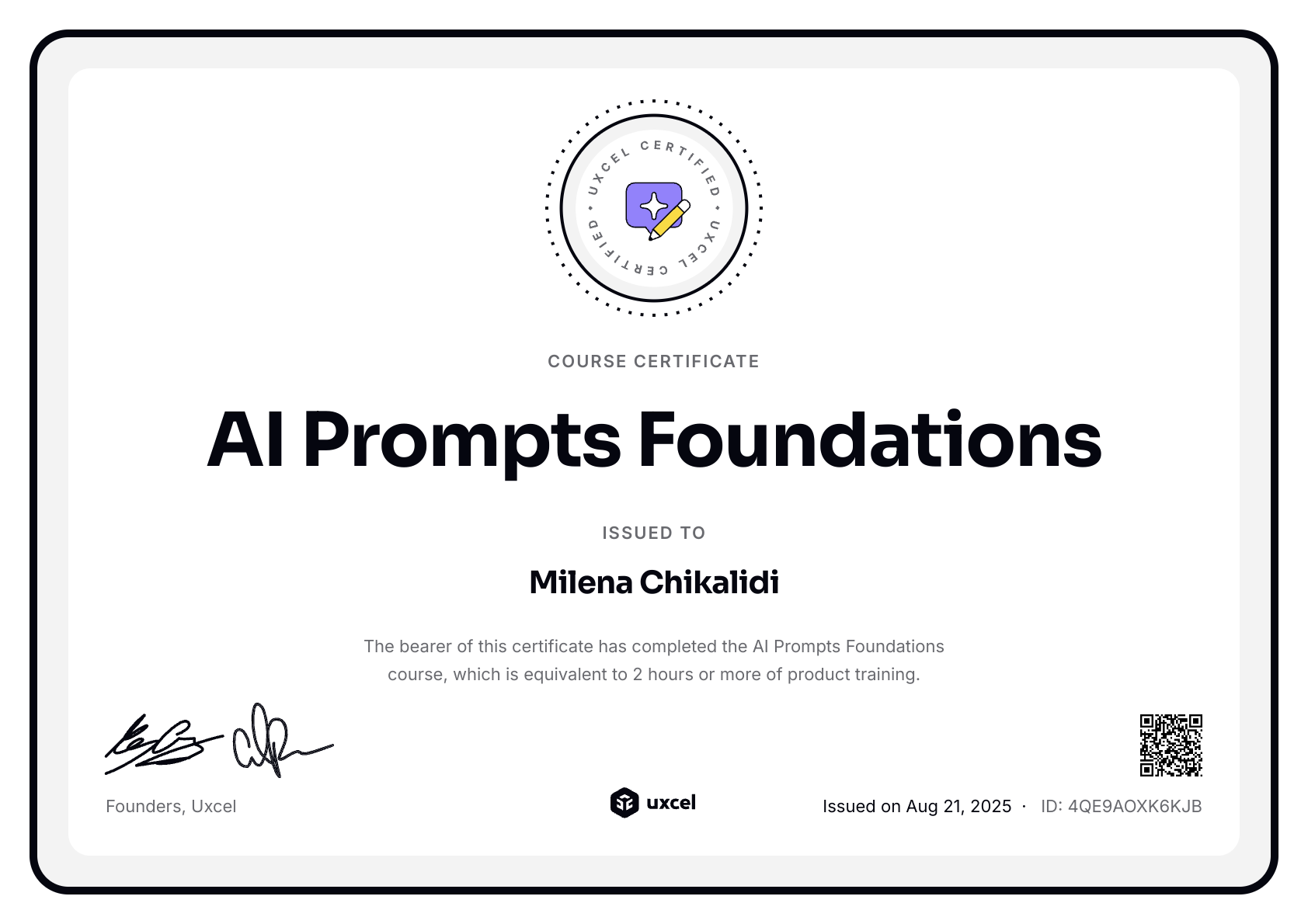 Milena Chikalidi's certificate